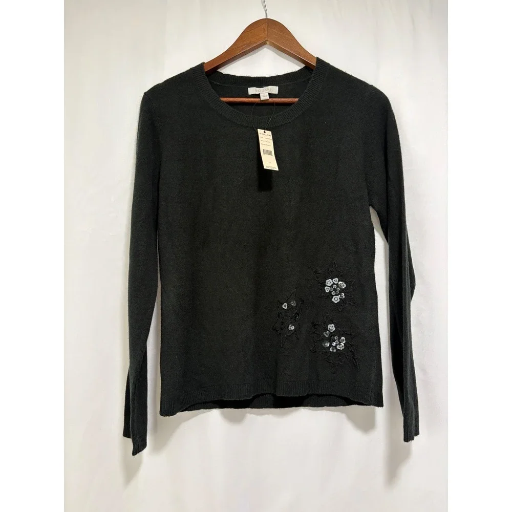 Bogari Women's M Black Sweater Sequin Floral Embellished NWT